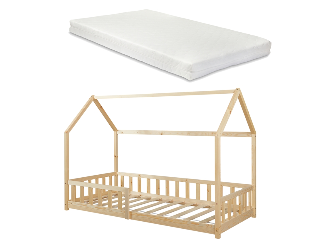Cama de criança Hesel em forma de casa com grelha e colchão 90x200cm - Natural [EN.CASA]