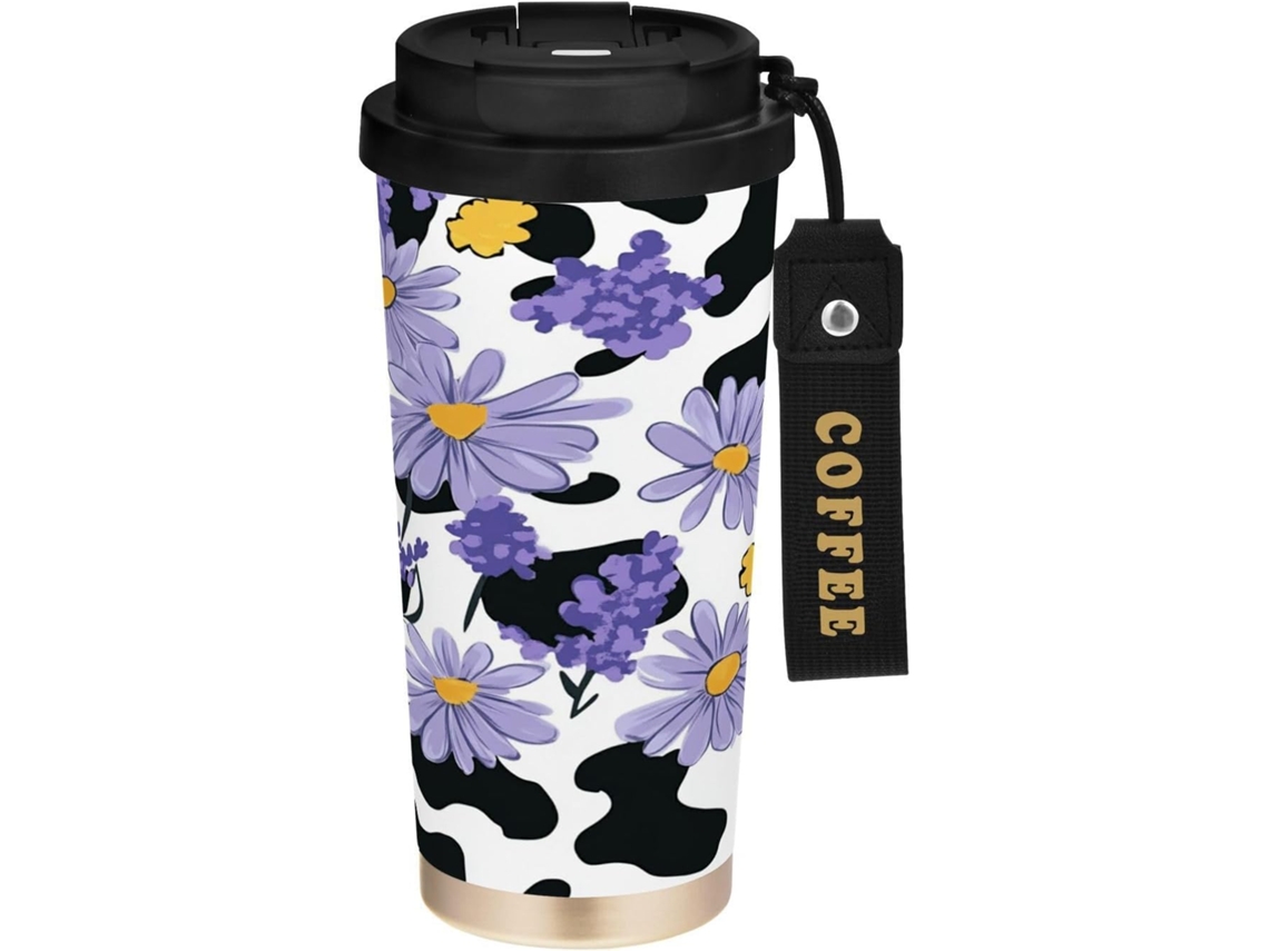 Taza De Café Acero Inoxidable Con Doble Pared Y Aislamiento Al Vacío, Tapa Pajita Diseño Vaca Margarita 500...