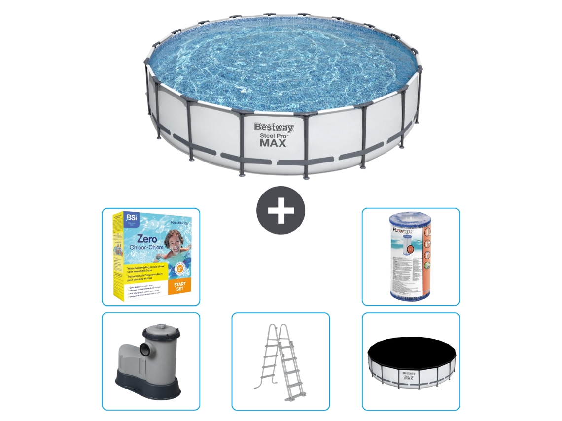 Piscina BESTWAY Round Steel Pro MAX - 549 x 122 cm - Gris - Bomba incluida - Escalera - Cobertor Paquete de mantenimiento - Filtrar