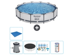 Piscina BESTWAY Round Steel Pro MAX - 366 x 76 cm - Gris - Bomba incluida Cubrir - Paquete de mantenimiento - Filtrar - Suelo