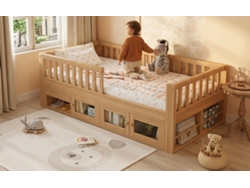 Cama Infantil De Madera Maciza 90x200 Cm - Barandilla De Seguridad Completa, Con Cajón Y Armario De 2 Puertas, Somier De Láminas Resistente - Natural