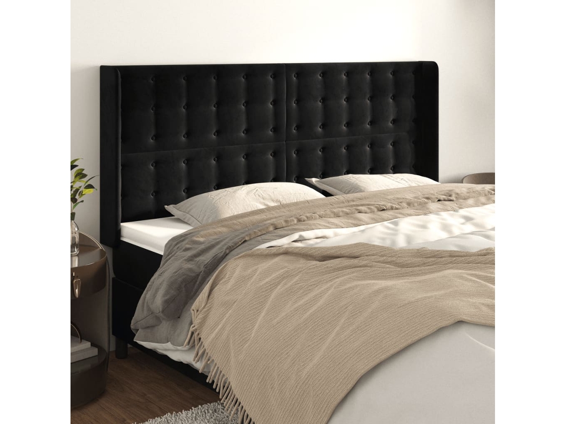 Cabecero Con Orejas De Terciopelo Negro 183x16x118/128 Cm