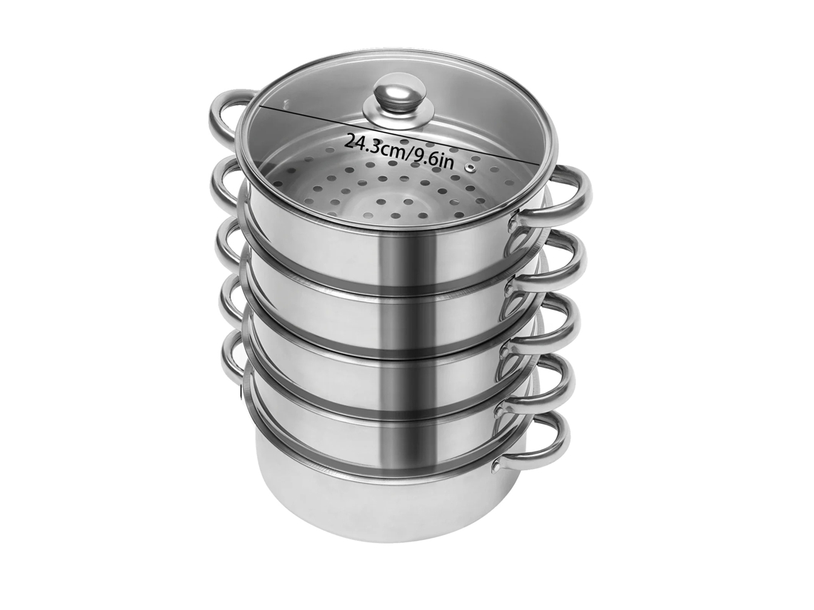 Vaporera, diseño de 5 pisos, construcción de acero inoxidable, color plata.