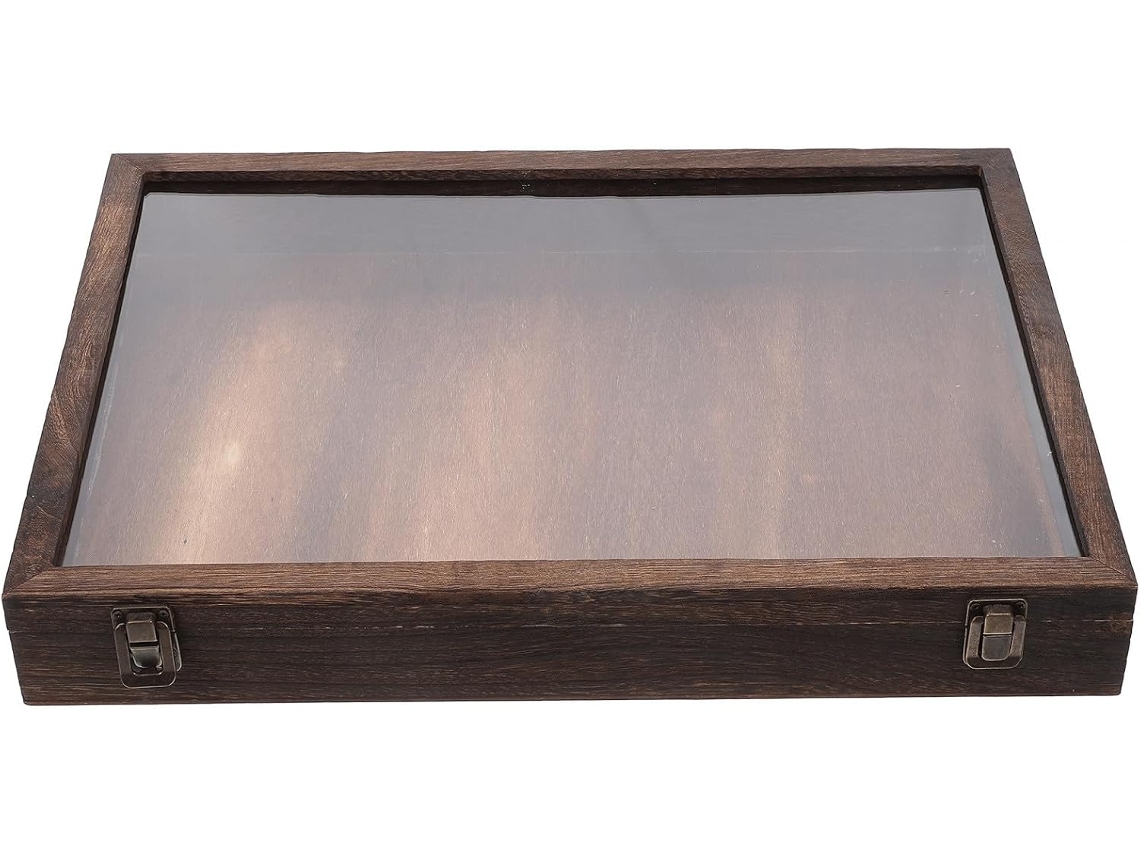 Caja Expositora De Muestras Con Tapa Transparente, Madera Maciza, 45x32x6
