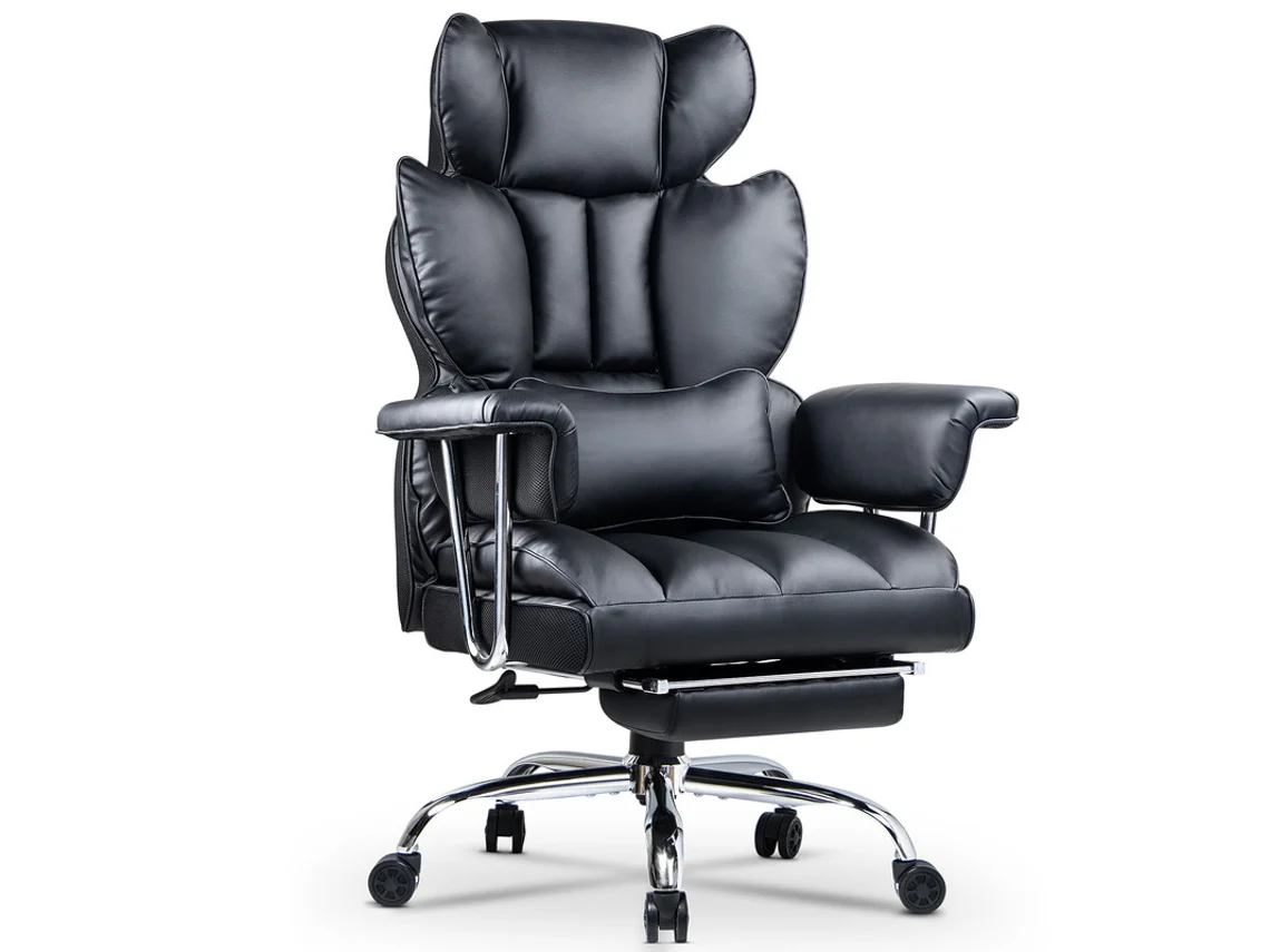 Sillón de oficina ergonómico BOTIFLY gran sillón de dirección en cuero PU con reposapiés y cojín de apoyo lumbar Negro