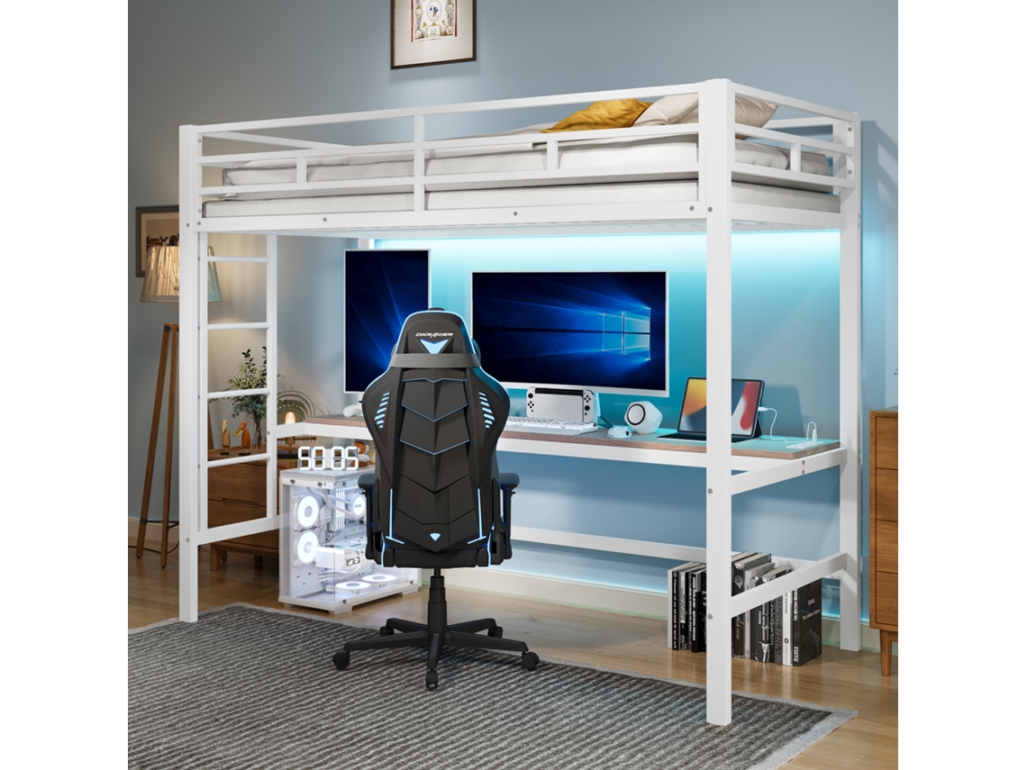 Cama alta, 90*200 cm, mesa con puerto USB y toma de corriente, lámpara LED con mando a distancia (se vende por separado), colchón no incluido.