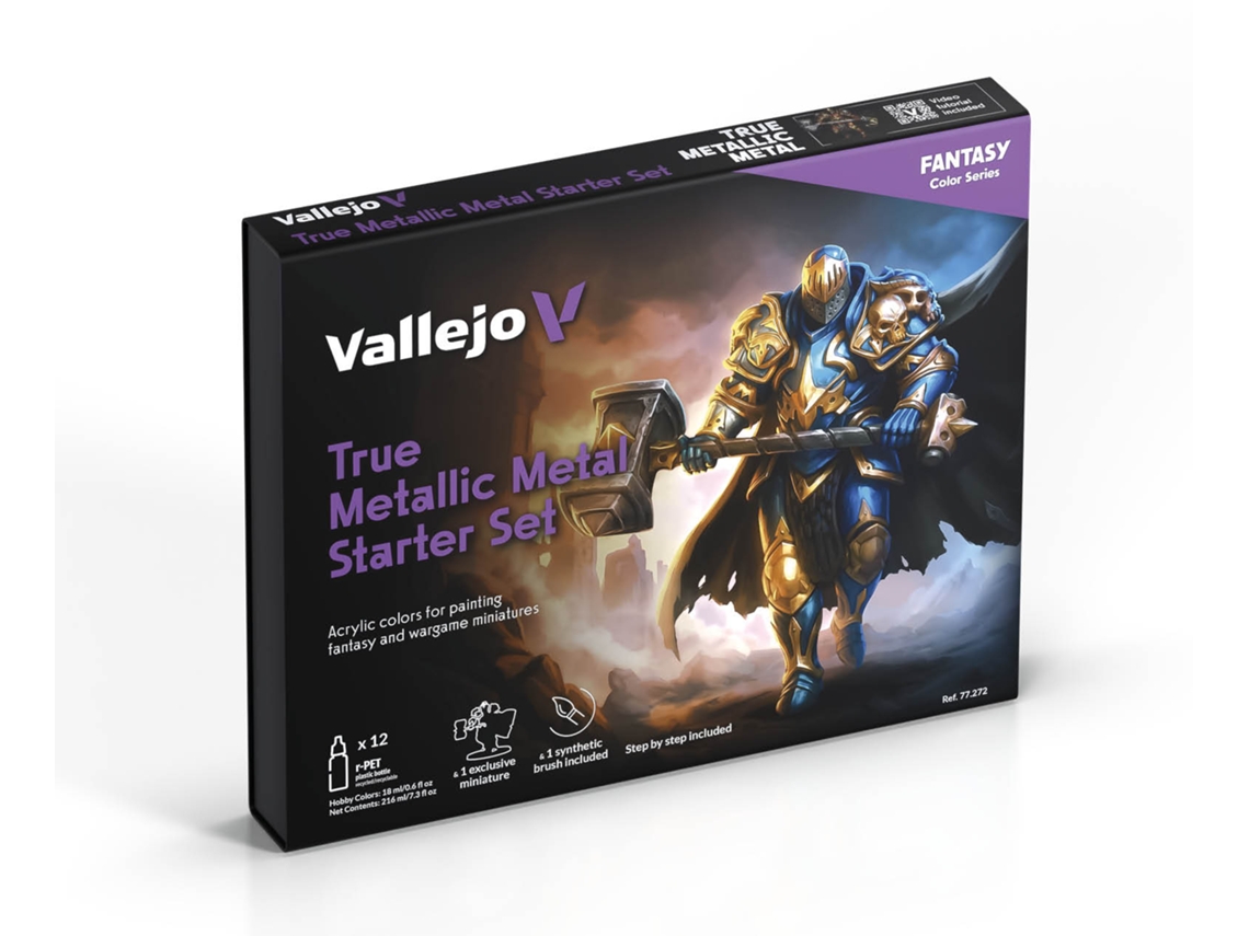 VALLEJO True Metallic Metal Starter Set - Kit de inicio de pintura metálica para miniaturas: 12 núcleos de 18 ml + pincel + miniatura exclusiva