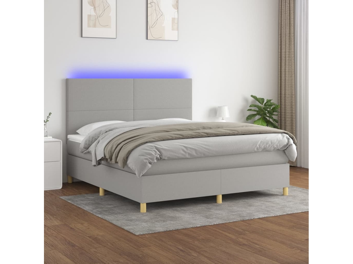 Cama Box Spring Colchón Y Luces Led Tela Gris Claro 160x200 Cm