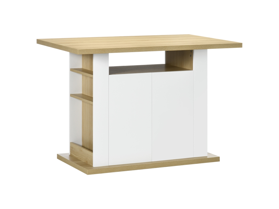 Isla de cocina para 4 personas con 4 puertas, compartimentos abiertos y estante ajustable, 110 x 70 x 75,5 cm, roble y blanco.