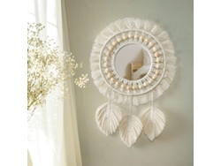 Espejo Redondo Decorativo De Pared Boho Con Encaje, Borlas, Perlas De Madera Y Plumas Beige