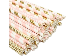 100 pajitas de papel biodegradables, diseño de rayas doradas y rosas para decoración de café y fiestas MEOIRUERY