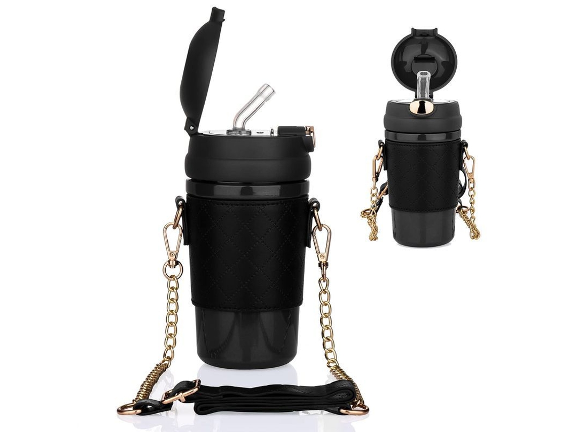 2026-44987-botella Térmica De Acero Inoxidable Linjou Con Pajita, Funda Y Correa Ajustable, 480ml Negro