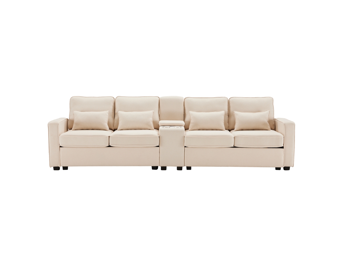 Sofá moderno de 4 plazas en tela de lino con puertos USB y 2 portavasos beige Mobrio