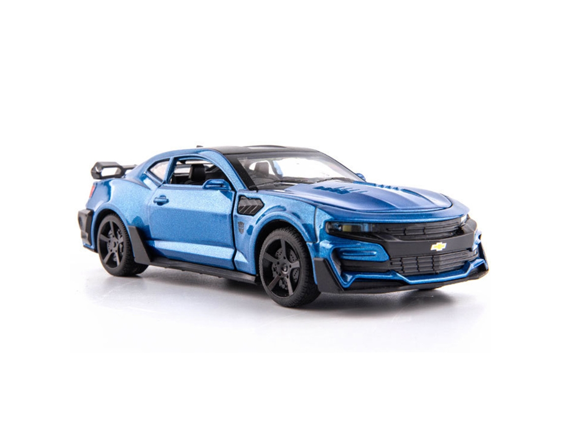 (Azul) Miniatura de Chevrolet Camaro a escala 1/32, fabricada en metal, con 4 puertas que se abren, luces y efectos de sonido.