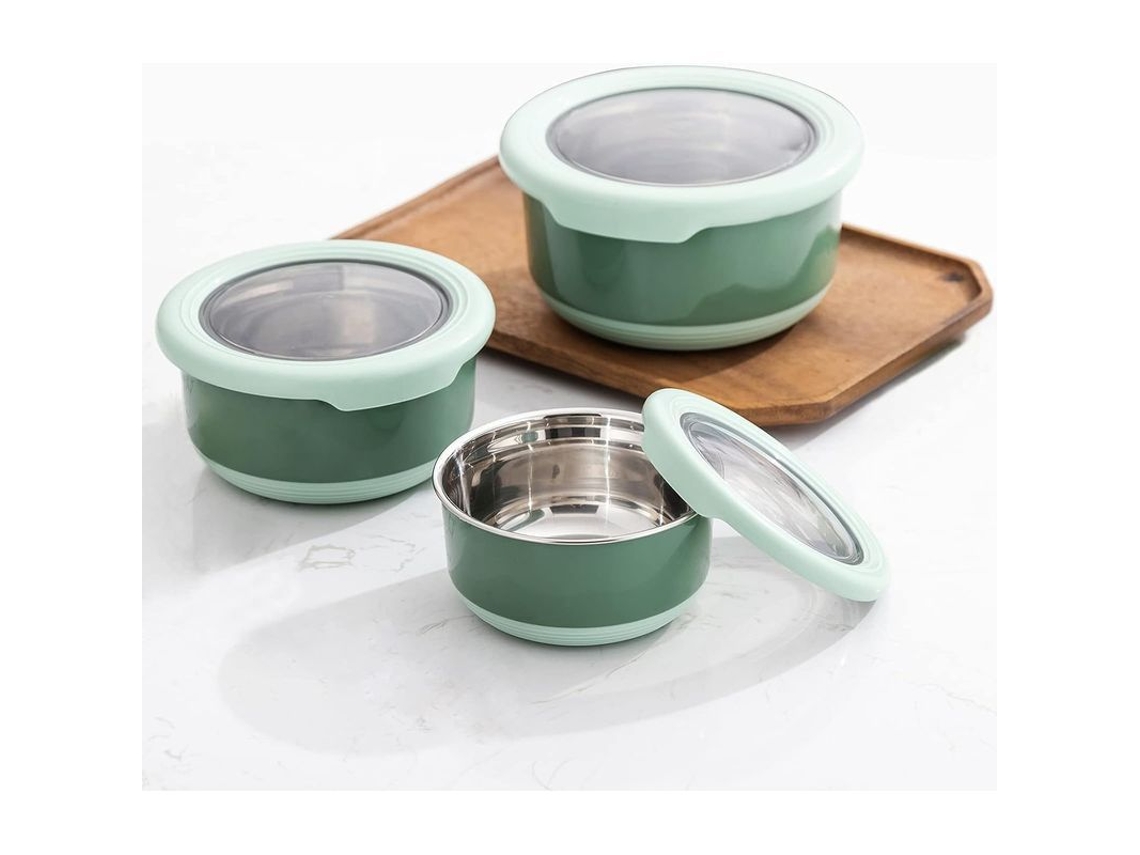 Juego de 3 recipientes Rebe Premium de acero inoxidable, de 420 ml, 730 ml y 1,2 l. Antideslizantes, a prueba de fugas, libres de BPA, ideales para controlar las porciones. Color verde.