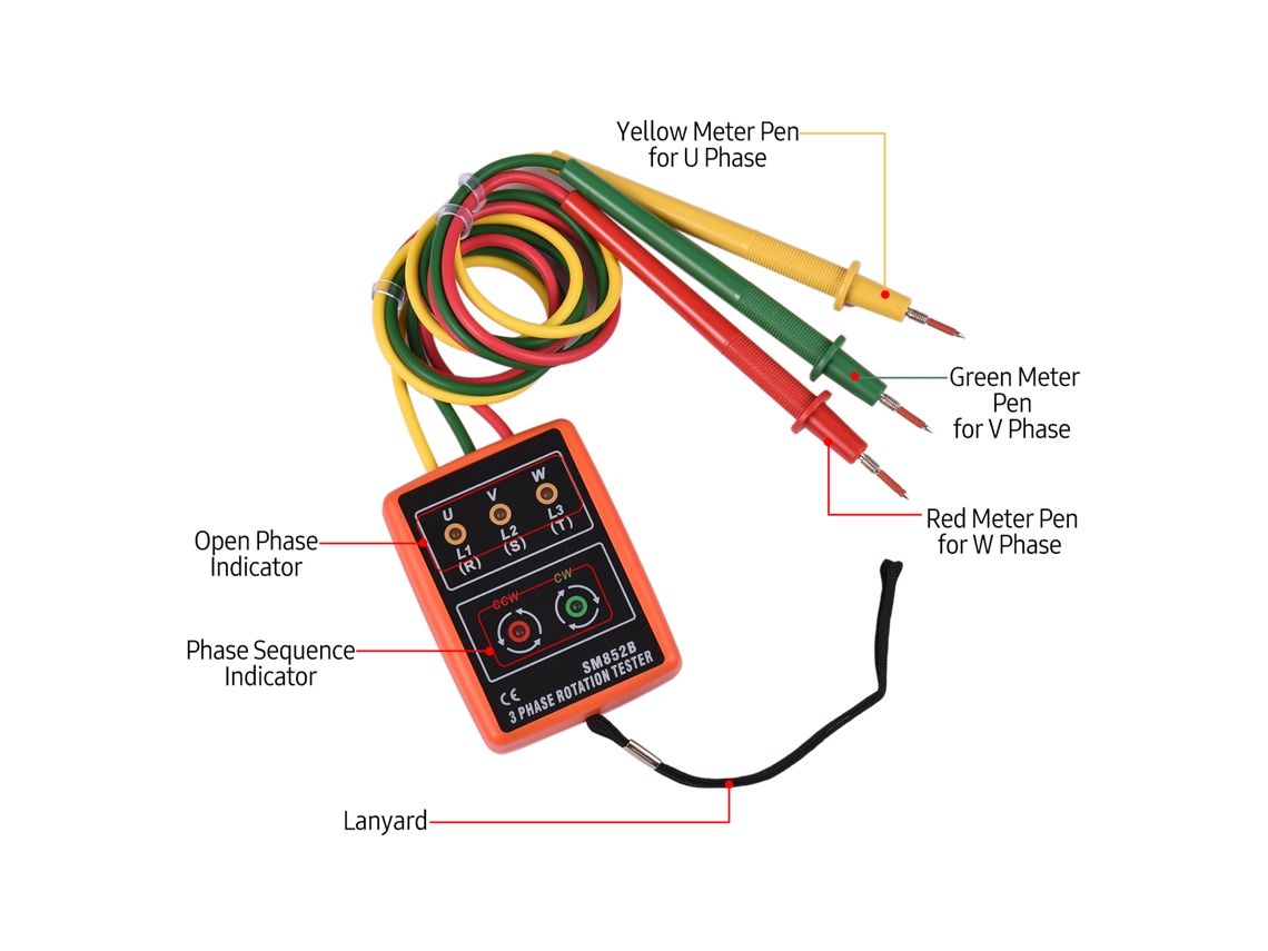Probador De Rotación Trifásico Portátil De 60 V~600 Vca Con Zumbador Led E Indicador De Secuencia De Fases.