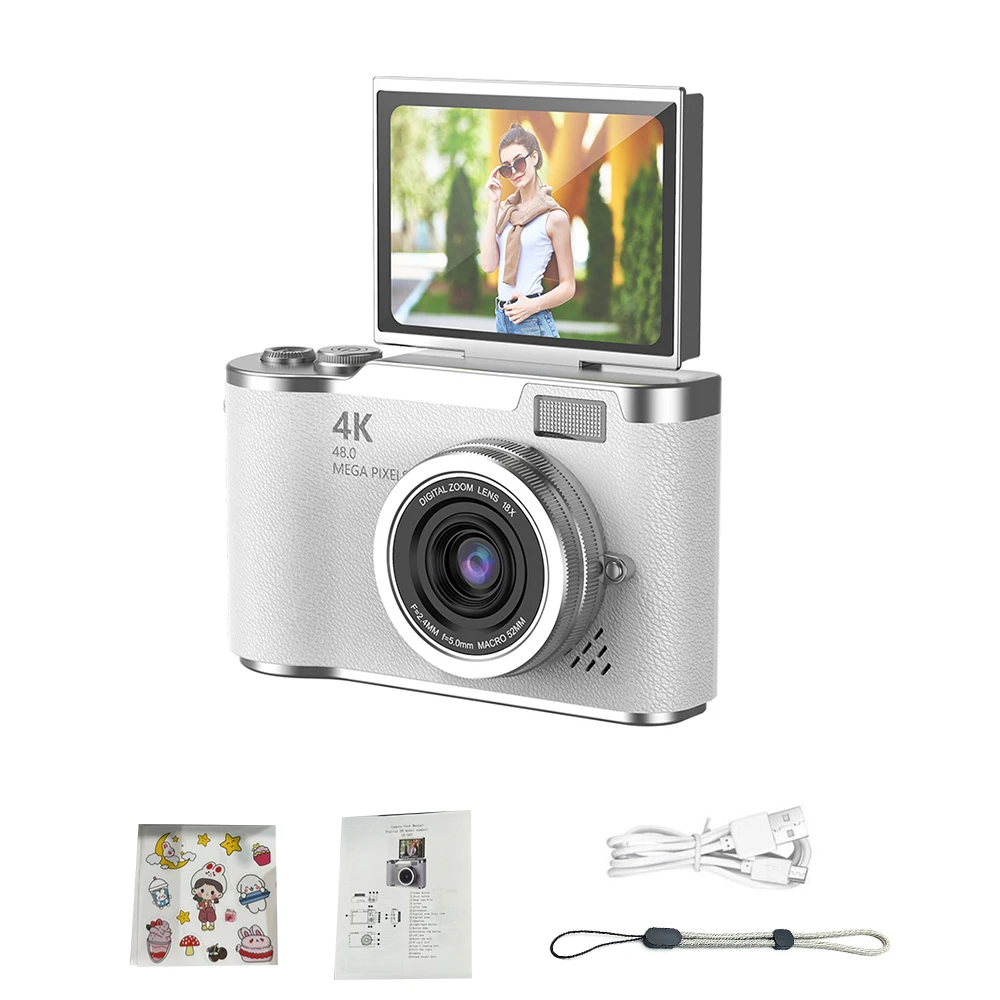 (blanco - 16 Gb) Cámara Digital 4k - 48 Mp - Cámara Para Niños - Enfoque Automático - Pantalla De 2,4 Pulgadas - Abatible 180°