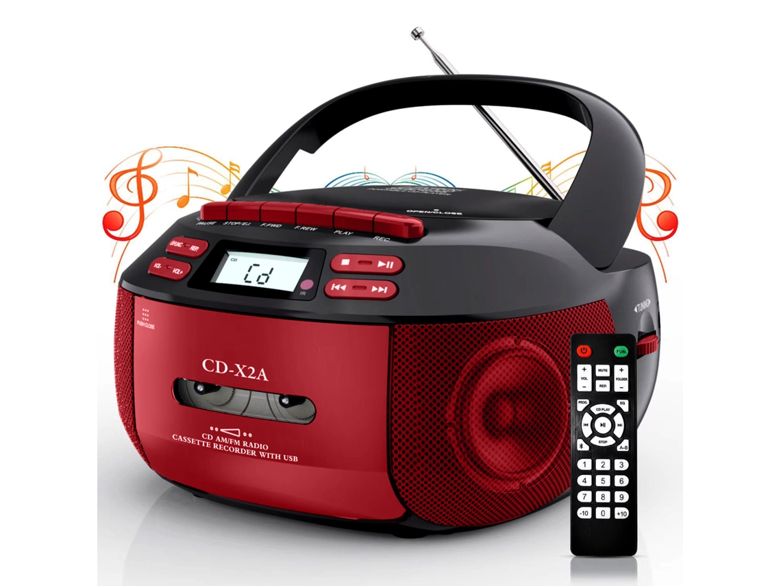 Reproductor de CD portátil Yuysan X2a, reproductor de casetes, Bluetooth, multifuncional, USB, grabadora, repetidor, AB, rojo