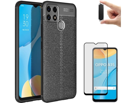 Kit Funda, Protector y Soporte Oppo A15 Rugged Leather Negro