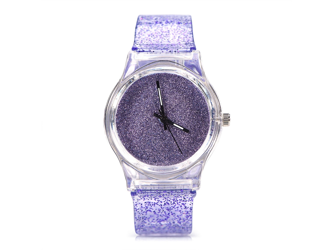 Reloj De Pulsera De Cuarzo Para Mujer Con Correa De Plástico Y Purpurina Morada.