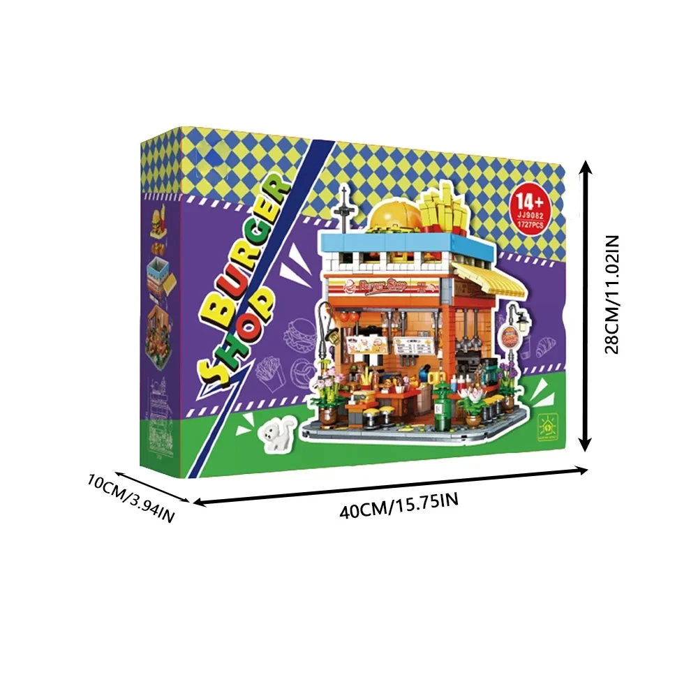 (jj9082) Set de bloques de construcción Moc con 1727 piezas para armar una hamburguesería creativa en una calle concurrida.