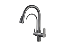 Grifo de cocina con doble manija y caño giratorio, color gris pistola, OEM
