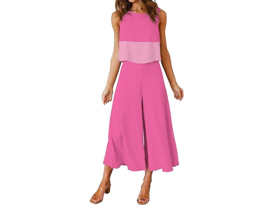 2026-conjunto De 2 Piezas De Verano Para Mujer Roylamp: Blusa Corta Cuello Redondo Y Pantalones Anchos Cropped