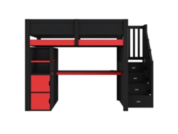 Cama alta para juegos de 140x200 - Escritorio, almacenamiento, LED, USB - Negro y rojo