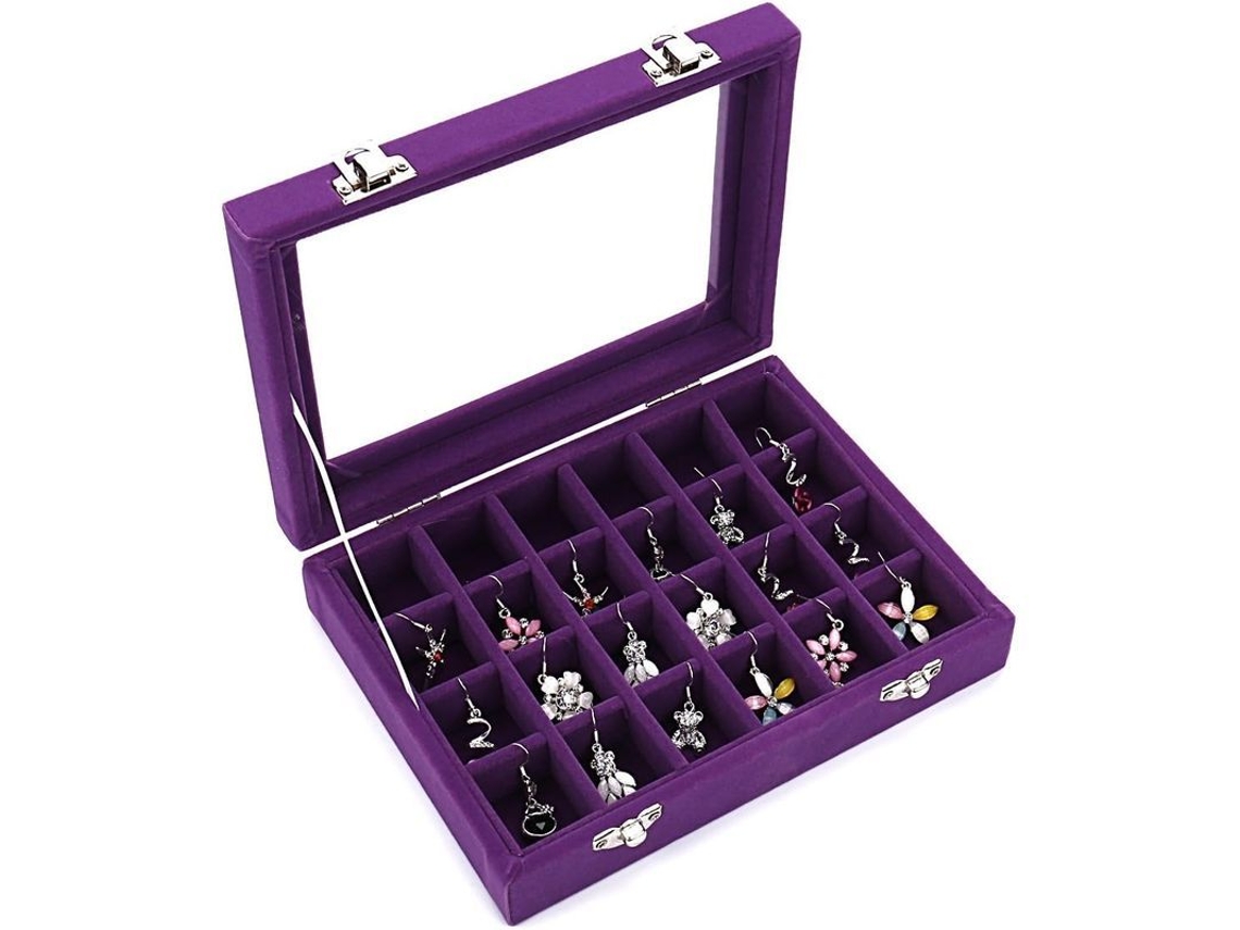 Caja Para Guardar Joyas Con Tapa De Cristal Y Cierre De Terciopelo Morado Para Anillos Y Pendientes.