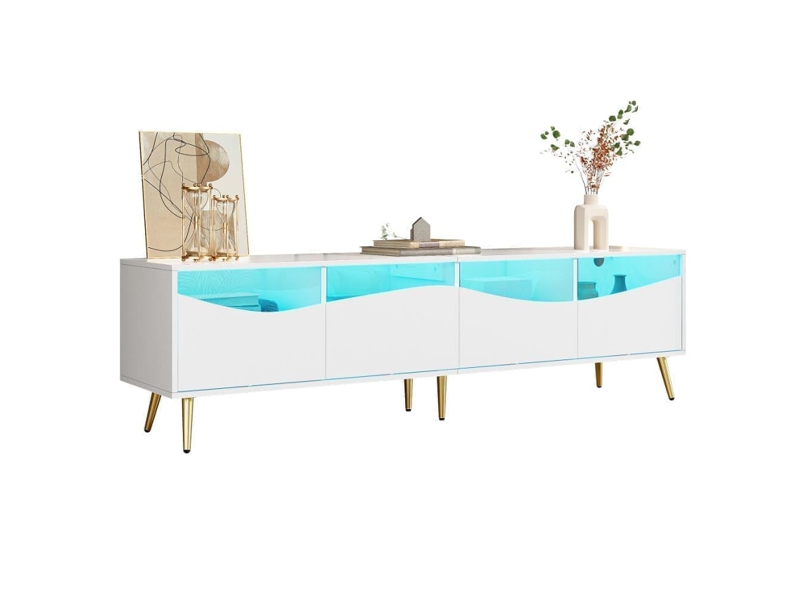 Mueble Tv 180x40x50 Cm - Con Iluminación Led, Frente De Vidrio, Pies Metálicos Dorados - Blanco