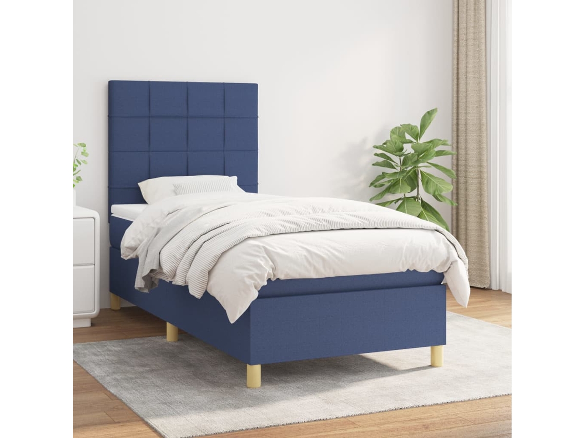 Cama Box Spring Con Colchón Tela Azul 100x200 Cm