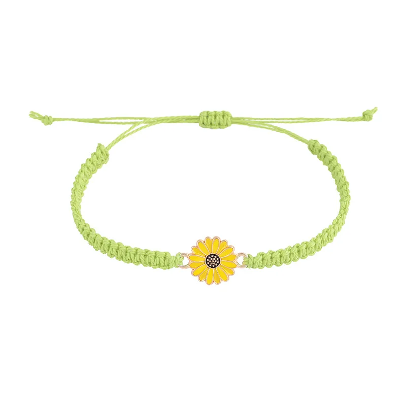 Pulsera moderna de la suerte con girasoles y margaritas, hecha a mano con hilo encerado. MDUG (Verde hierba)