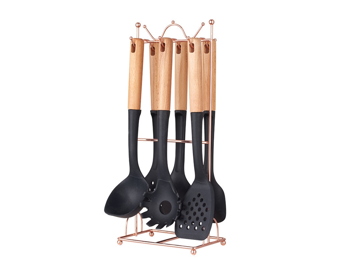 Utensilios de cocina Gertiz de silicona de grado alimenticio resistentes al calor (7 piezas, con soporte) (negro)
