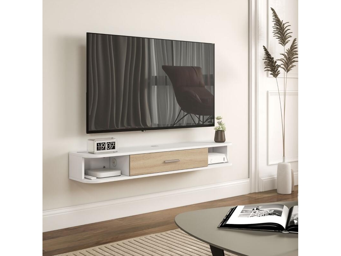 Mueble de TV mural, apto para televisores de hasta 50 pulgadas, con compartimentos abiertos y armario con puerta abatible, color blanco.