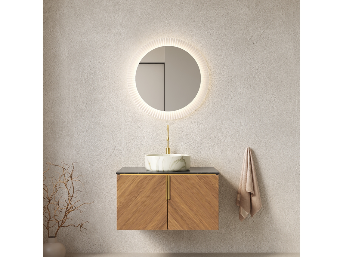 Mueble De Baño Suspendido, 76 Cm, Lavabo De Piedra Blanca, Encimera Negra.