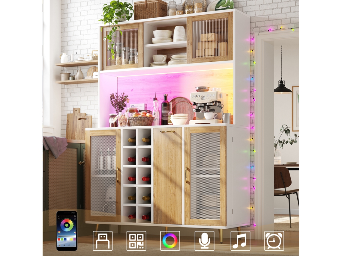 Aparador Buffet Multifuncional 120x40x170cm Con Led, Bodega Y Estantería Para Snacks