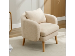 Sillón de tela bouclé con cojín grueso y patas de madera maciza, estilo beige