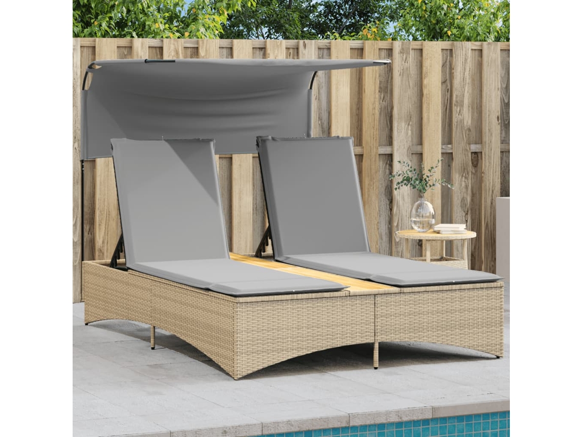 Tumbona doble con dosel y cojines de ratán, mezcla beige HARLANV1