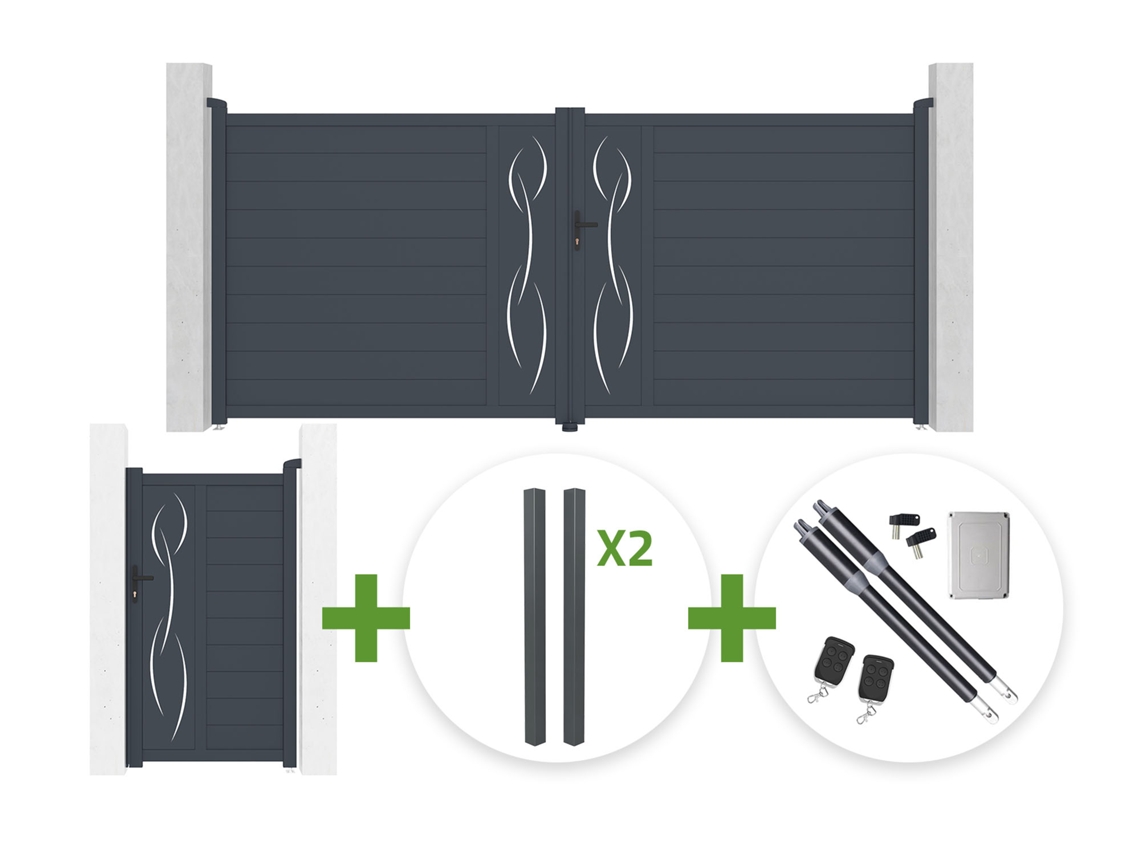 Puerta Batiente 4 M Life Alt. 180 Cm Gris + Puerta Peatonal 1 M Life Alt. 180 Cm + 4 Postes Elda + Motorización Ranger B150