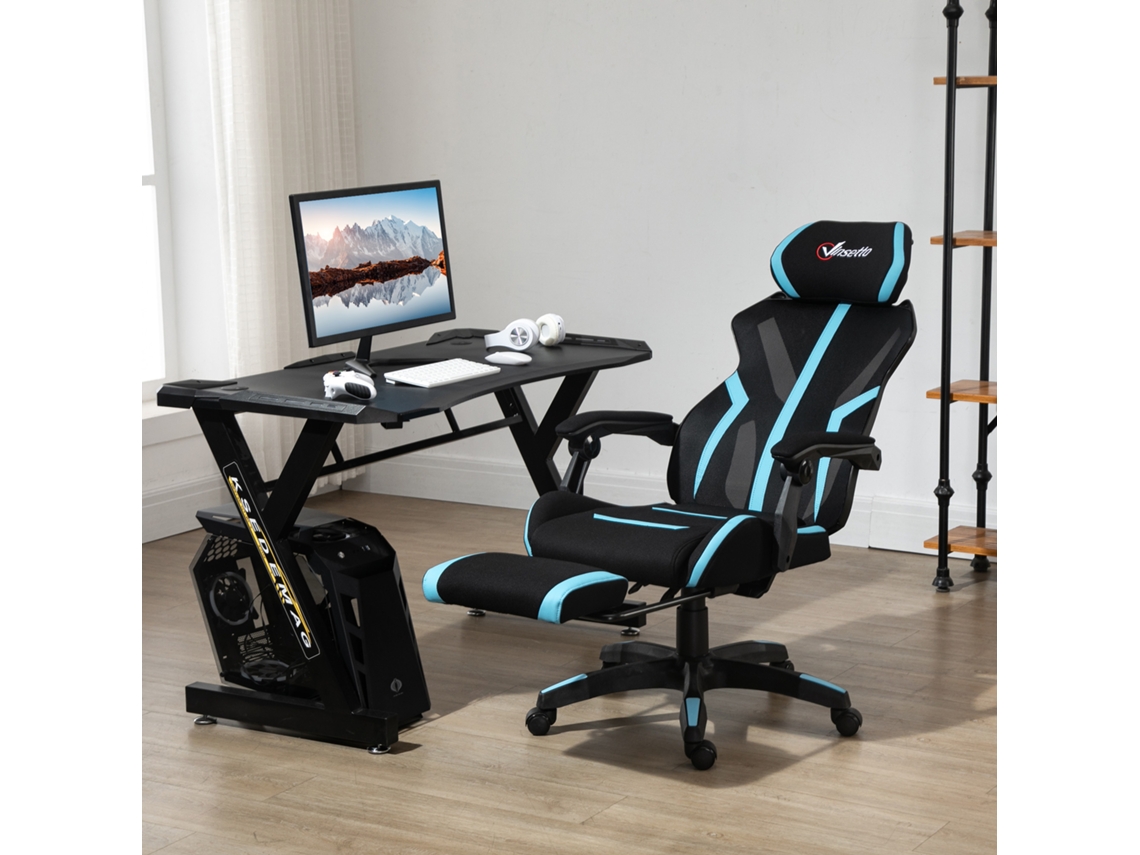 VPMKP - Silla gamer Vinsetto con reposapiés retráctil, giratoria, reclinable, reposacabezas, altura ajustable, 65x65x119-129 cm, negra y azul