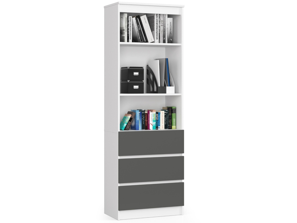 Librería Akord R60 Blanco 60 Cm 3 Cajones Frente En Color Grafito Gris 3 Estantes 60x35x180 Cm