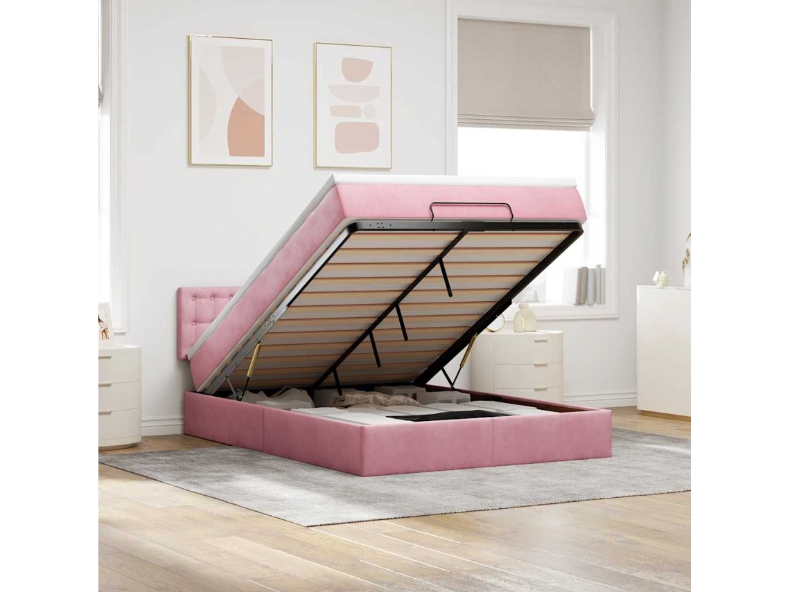 Estructura Cama Otomana Con Colchón Terciopelo Rosa 140x190 Cm
