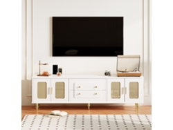 Mueble para TV en blanco y madera natural, 160x39x49,5 cm, 3 puertas acanaladas, borde elevado, patas de madera. KOMHTOM