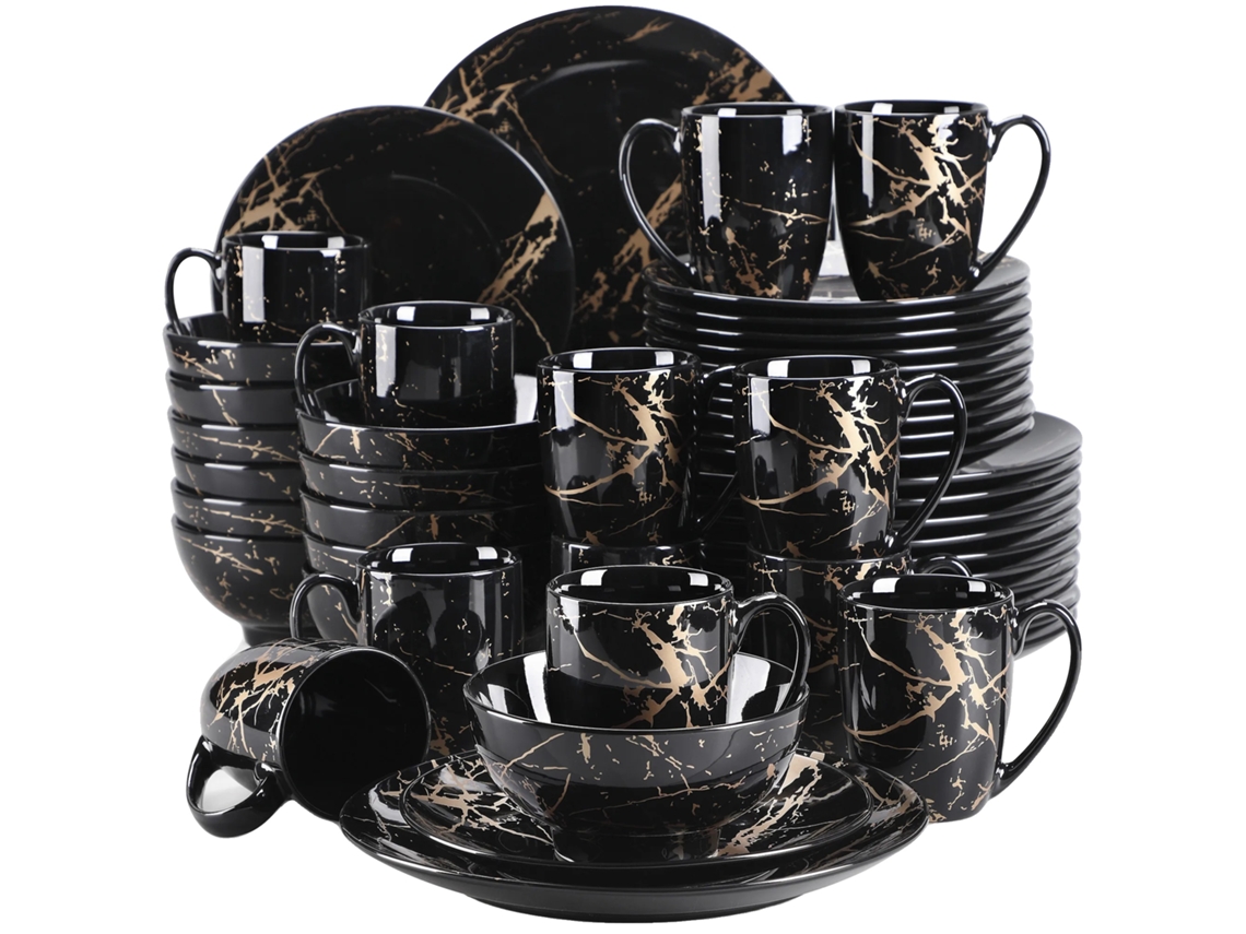 Juego de vajilla de porcelana, elegante diseño en negro y dorado, apto para 4-12 personas, 48 piezas