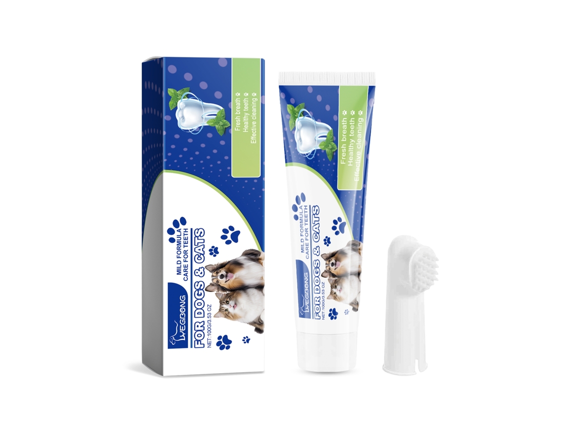 Kit de cuidado bucal para mascotas con protector dental y cepillo.