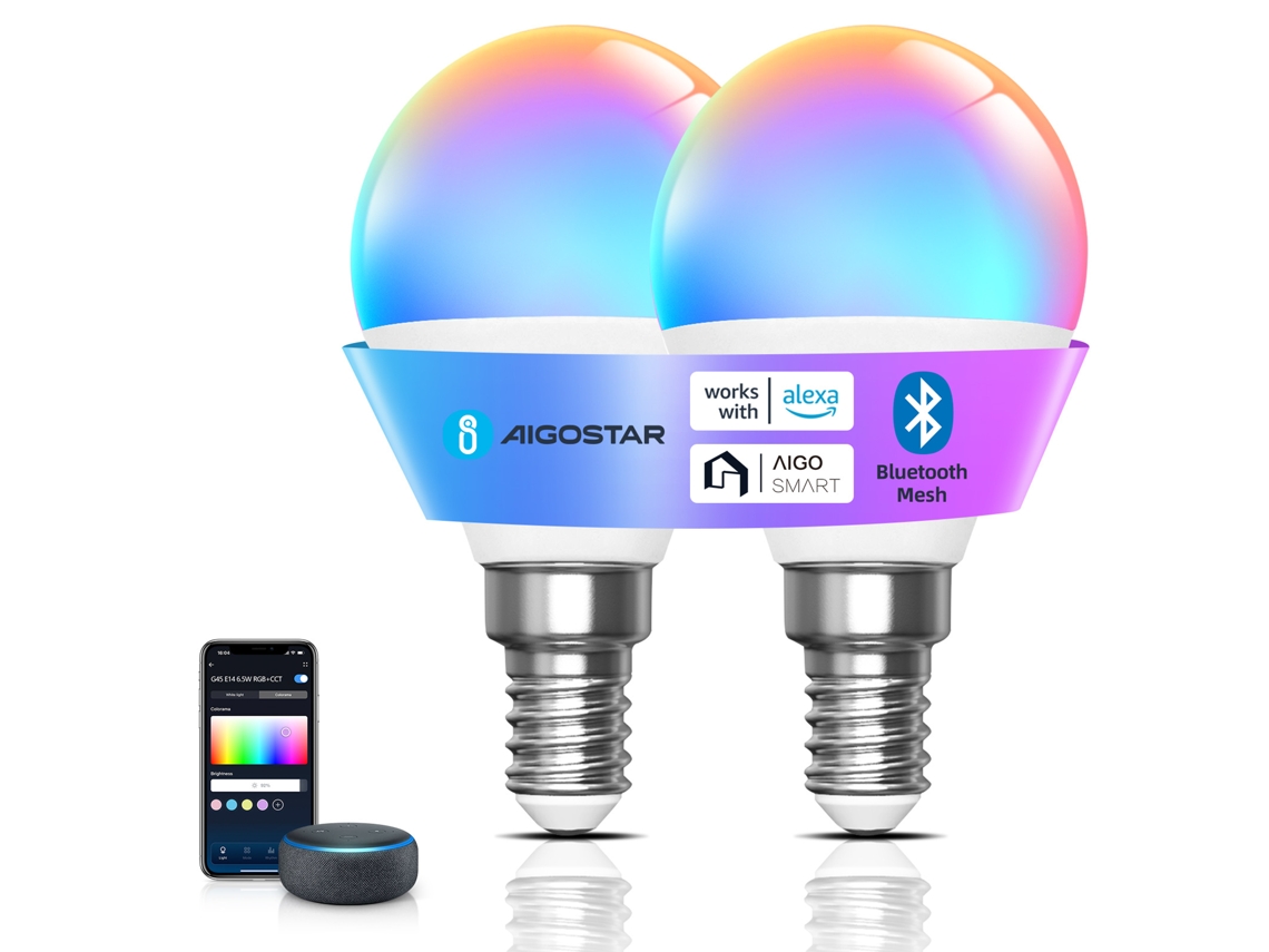 Bombilla inteligente Bluetooth Mesh G45, 2700k 6500k, RGB regulable, E14, 6,5 W, 555 lm, Alexa y Google Home, mando a distancia Aigostar