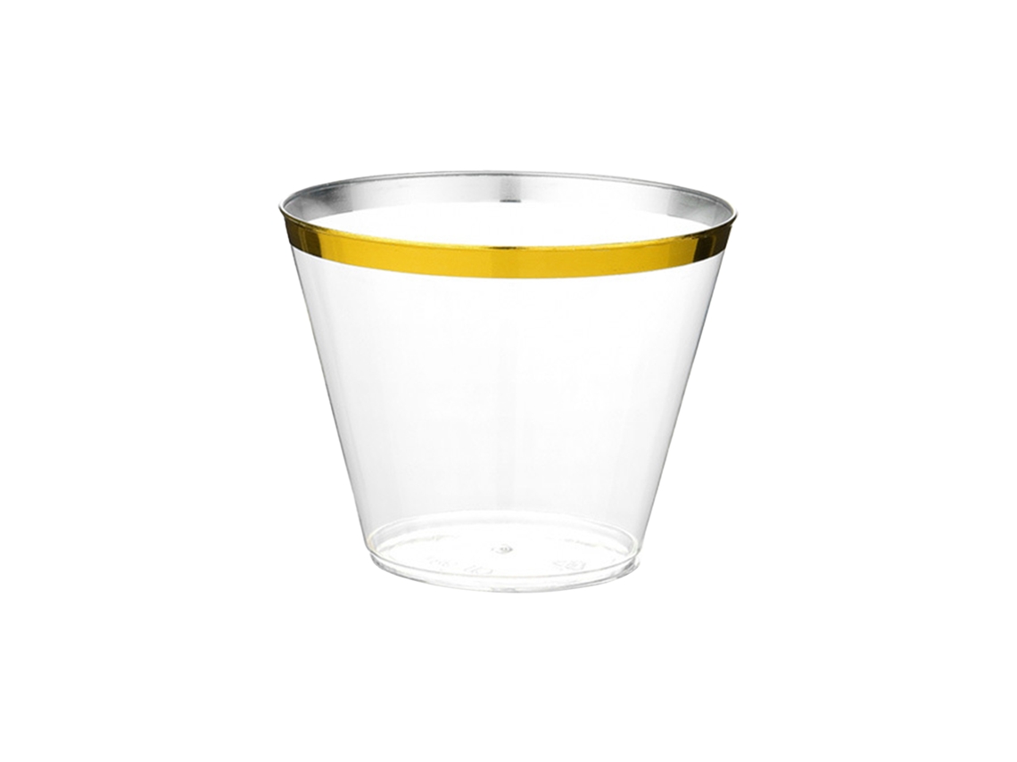 Vasos de aviación de plástico duro de 270 ml con borde dorado para agua, vino, postres, fiestas y comidas occidentales Truyuety