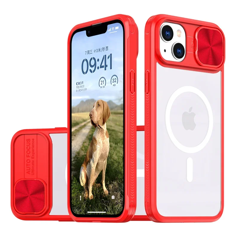 (iphone 13 Pro Max, Rojo) Funda Protectora Magnética Magsafe Con Carga Inalámbrica Y Cubierta Deslizante De Lente Acrílica