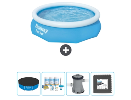 Piscina Hinchable Redonda Fast Set BESTWAY - 305 x 76 cm - Azul - Incluida Cubrir - Paquete de mantenimiento - Bomba - Baldosas