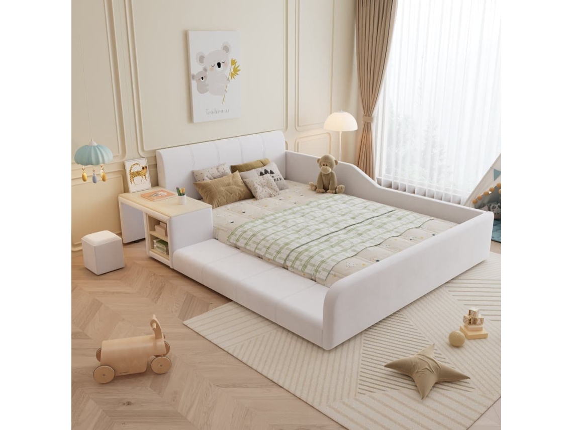 Cama Individual Tapizada 140x200 - Con Escritorio, Taburete Y Cabecero Suave - Blanco